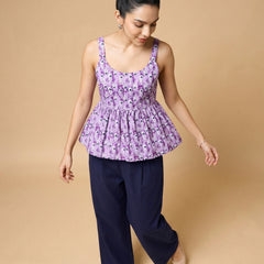 Istyle Can Purple / Navy cotton cambric peplum top and wide leg trouser co-ord set - view 4