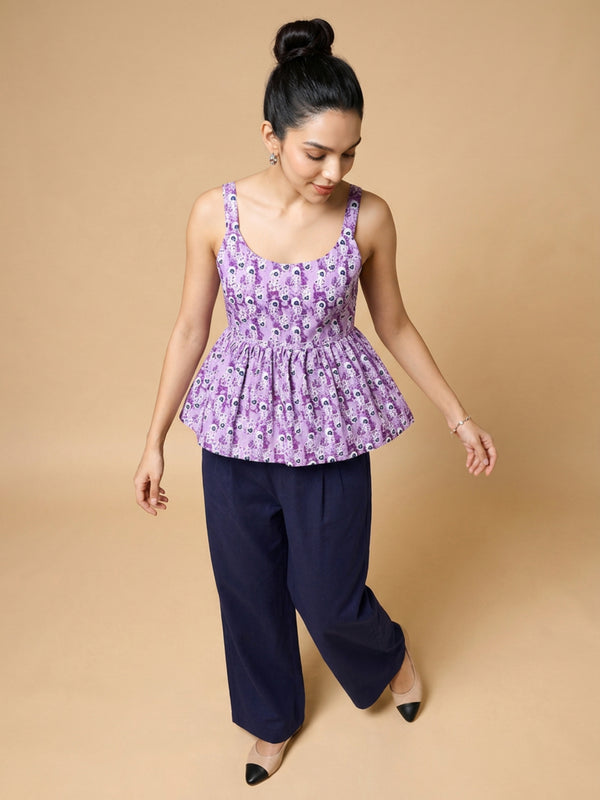 Istyle Can Purple / Navy cotton cambric peplum top and wide leg trouser co-ord set - view 4