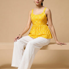 Istyle Can Yellow / Off White cotton cambric peplum top and wide leg trouser co-ord set - view 6