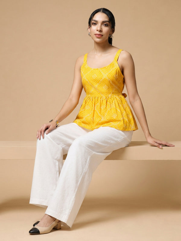 Istyle Can Yellow / Off White cotton cambric peplum top and wide leg trouser co-ord set - view 6