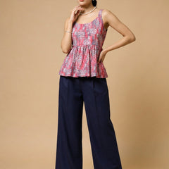 Istyle Can Peach / Navy cotton cambric peplum top and wide leg trouser co-ord set - view 3