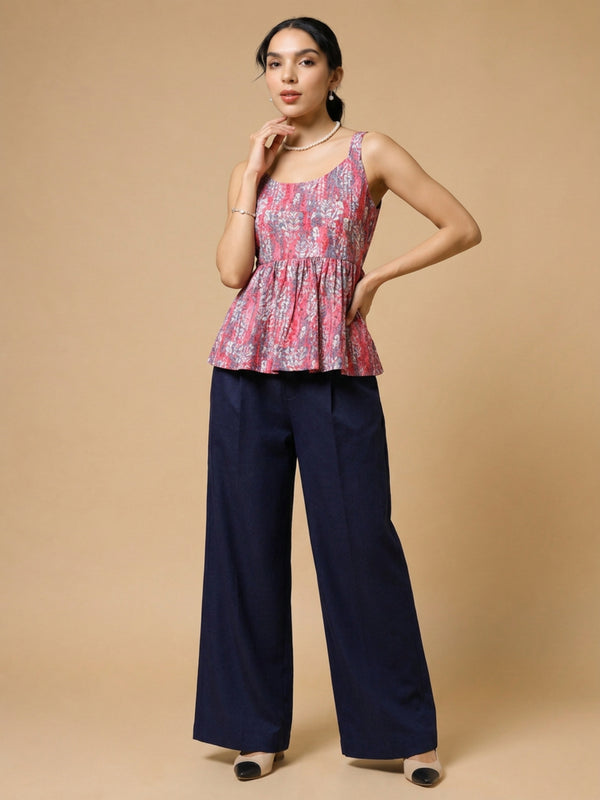 Istyle Can Peach / Navy cotton cambric peplum top and wide leg trouser co-ord set - view 3