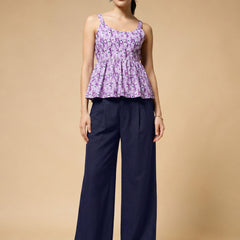 Istyle Can Purple / Navy cotton cambric peplum top and wide leg trouser co-ord set - view 10