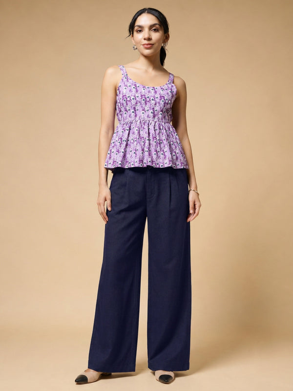 Istyle Can Purple / Navy cotton cambric peplum top and wide leg trouser co-ord set - view 10