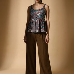 Istyle Can Green / Brown cotton cambric peplum top and wide leg trouser co-ord set - view 4