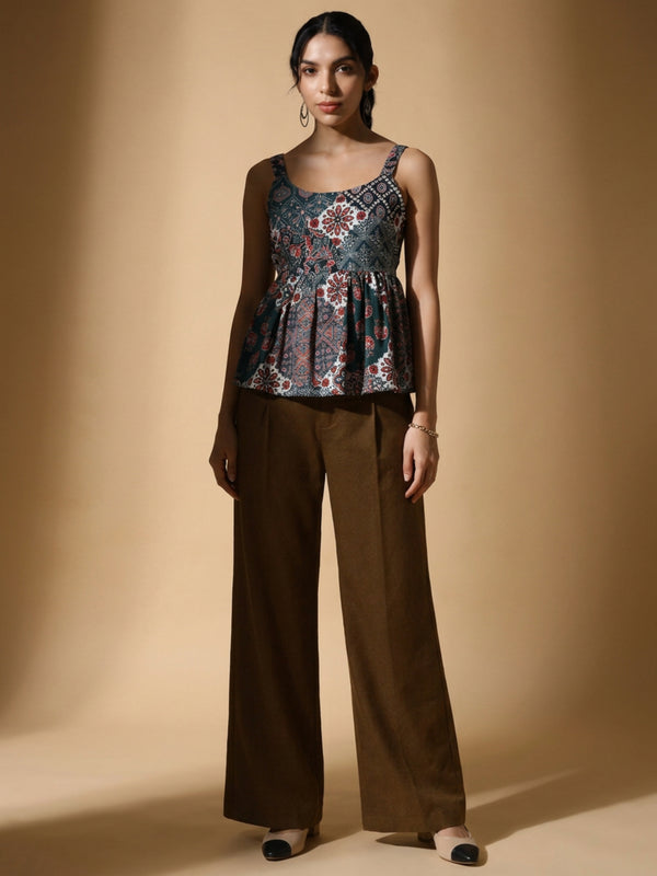 Istyle Can Green / Brown cotton cambric peplum top and wide leg trouser co-ord set - view 4