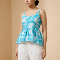 Istyle Can Sky Blue / Off White cotton cambric peplum top and wide leg trouser co-ord set - view 11