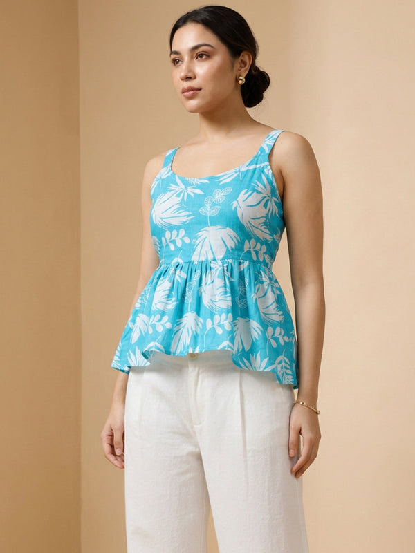 Istyle Can Sky Blue / Off White cotton cambric peplum top and wide leg trouser co-ord set - view 11