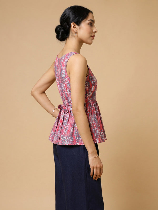 Istyle Can Peach / Navy cotton cambric peplum top and wide leg trouser co-ord set - view 4