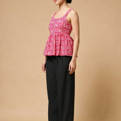 Istyle Can Pink / Black cotton cambric peplum top and wide leg trouser co-ord set - view 8