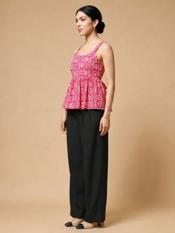 Istyle Can Pink / Black cotton cambric peplum top and wide leg trouser co-ord set - view 8