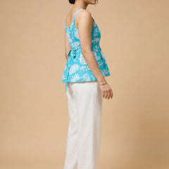 Istyle Can Sky Blue / Off White cotton cambric peplum top and wide leg trouser co-ord set - view 3