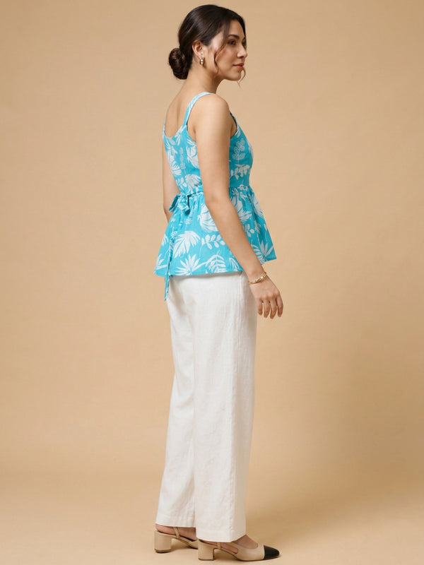 Istyle Can Sky Blue / Off White cotton cambric peplum top and wide leg trouser co-ord set - view 3