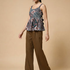 Istyle Can Green / Brown cotton cambric peplum top and wide leg trouser co-ord set - view 10