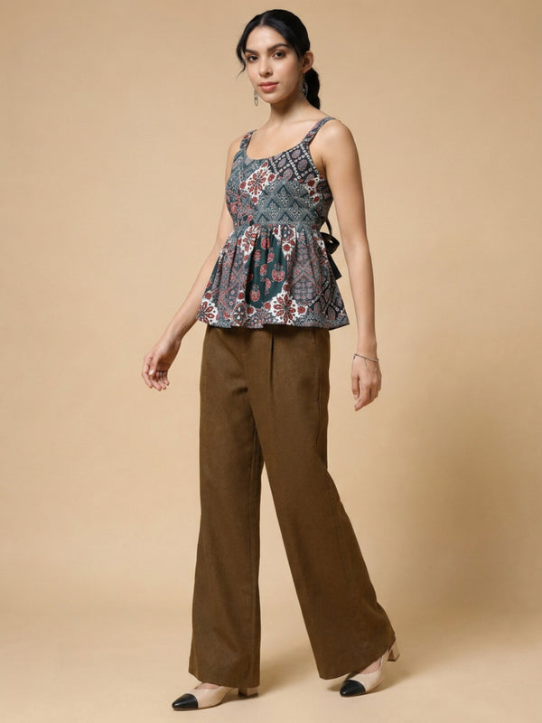 Istyle Can Green / Brown cotton cambric peplum top and wide leg trouser co-ord set - view 10