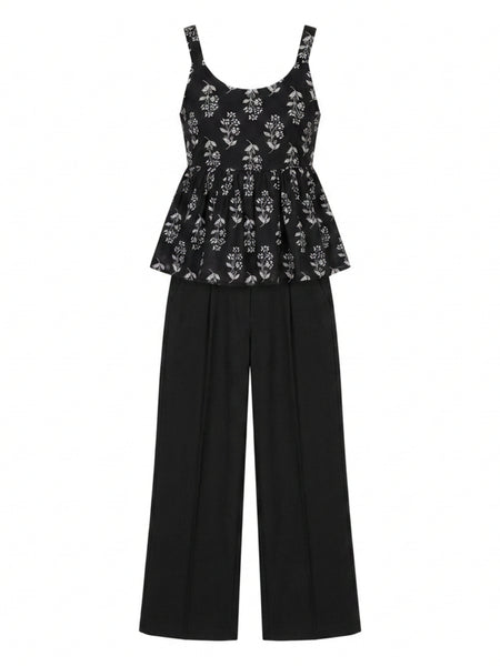 Istyle Can Black / Black cotton cambric peplum top and wide leg trouser co-ord set - view 5