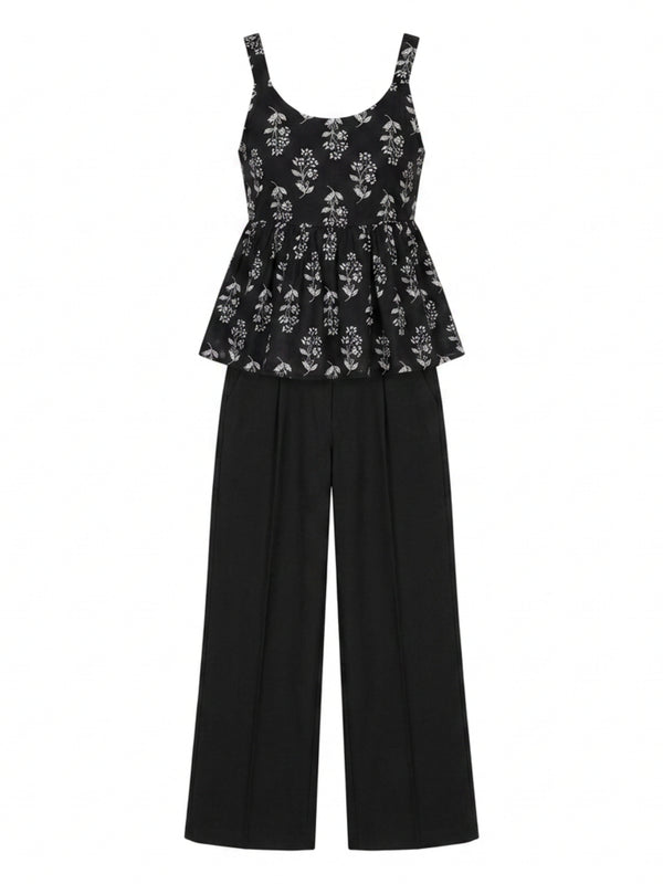Istyle Can Black / Black cotton cambric peplum top and wide leg trouser co-ord set - view 5