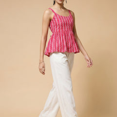 Istyle Can Pink / Off White cotton cambric peplum top and wide leg trouser co-ord set - view 6