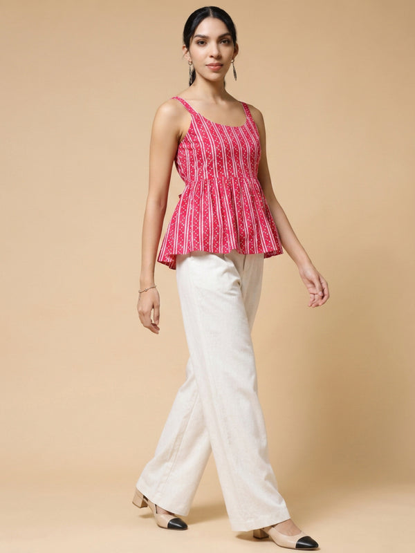 Istyle Can Pink / Off White cotton cambric peplum top and wide leg trouser co-ord set - view 6