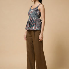 Istyle Can Green / Brown cotton cambric peplum top and wide leg trouser co-ord set - view 6