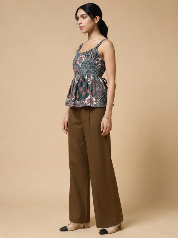 Istyle Can Green / Brown cotton cambric peplum top and wide leg trouser co-ord set - view 6