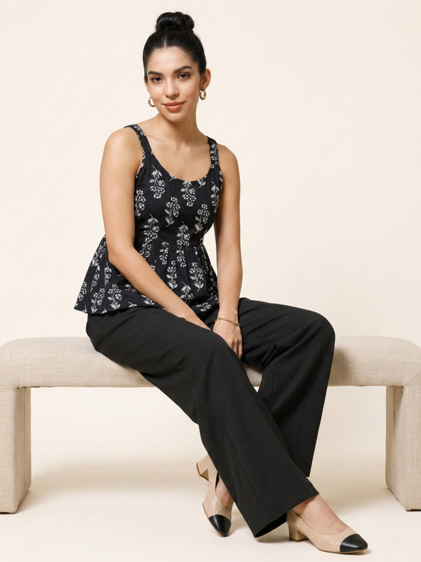 Istyle Can Black / Black cotton cambric peplum top and wide leg trouser co-ord set - view 9
