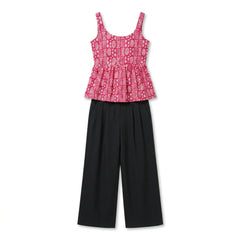 Istyle Can Pink / Black cotton cambric peplum top and wide leg trouser co-ord set - view 7