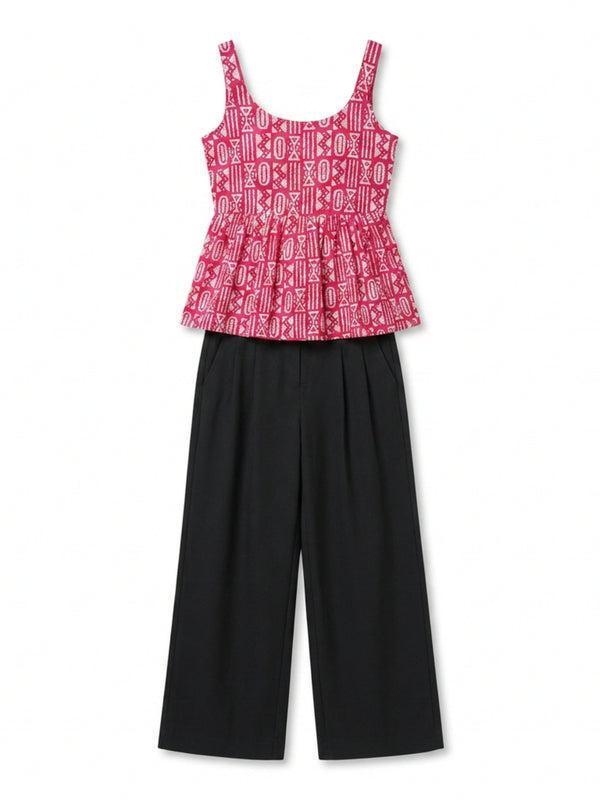 Istyle Can Pink / Black cotton cambric peplum top and wide leg trouser co-ord set - view 7