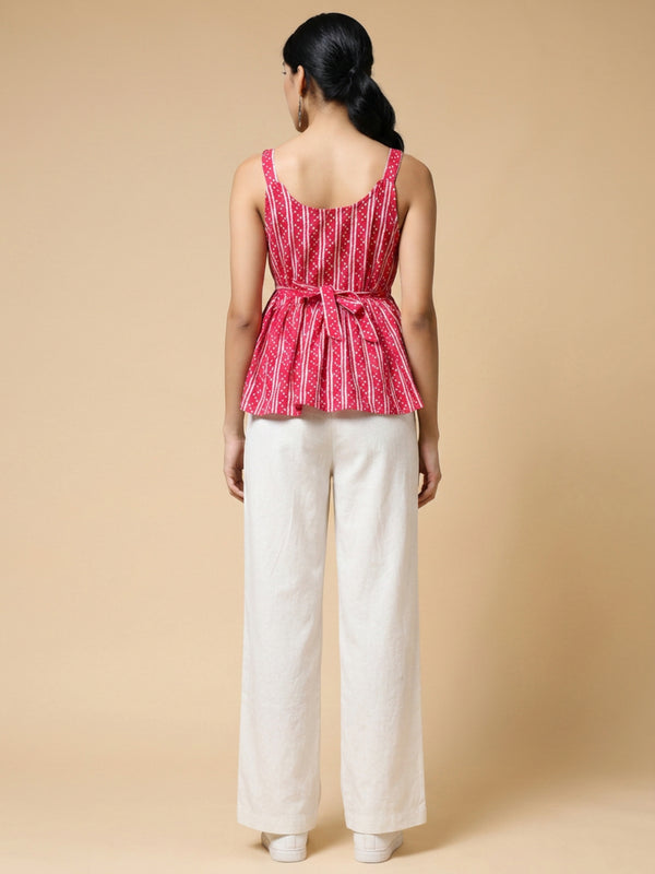 Istyle Can Pink / Off White cotton cambric peplum top and wide leg trouser co-ord set - view 9