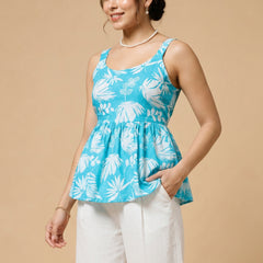 Istyle Can Sky Blue / Off White cotton cambric peplum top and wide leg trouser co-ord set - view 9