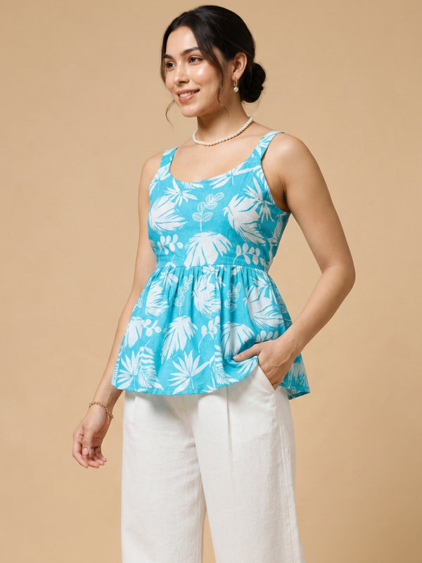 Istyle Can Sky Blue / Off White cotton cambric peplum top and wide leg trouser co-ord set - view 9