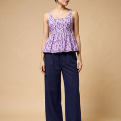 Istyle Can Purple / Navy cotton cambric peplum top and wide leg trouser co-ord set