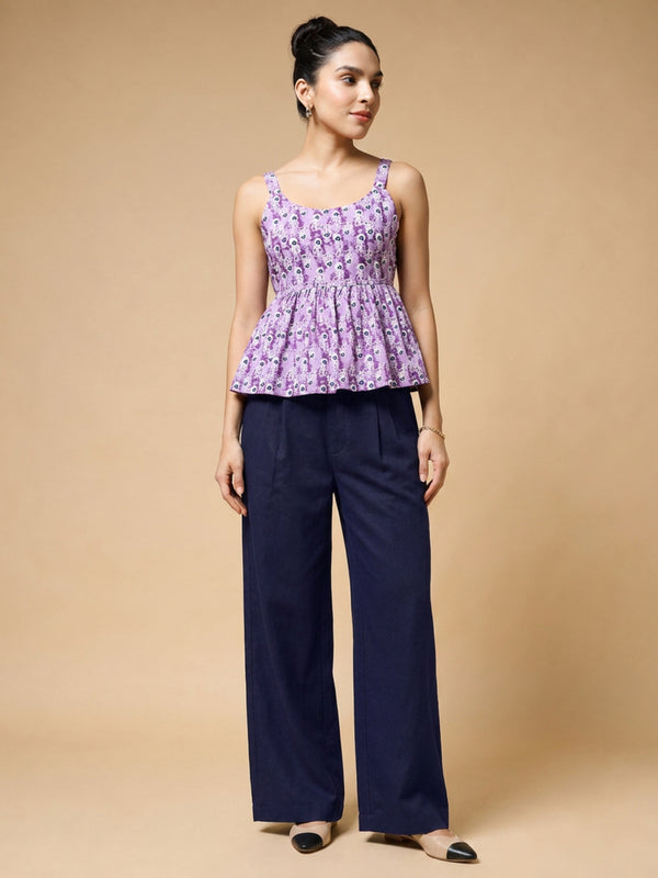 Istyle Can Purple / Navy cotton cambric peplum top and wide leg trouser co-ord set