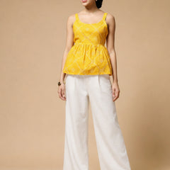 Istyle Can Yellow / Off White cotton cambric peplum top and wide leg trouser co-ord set - view 2