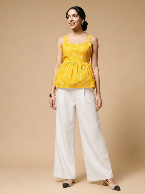 Istyle Can Yellow / Off White cotton cambric peplum top and wide leg trouser co-ord set - view 2