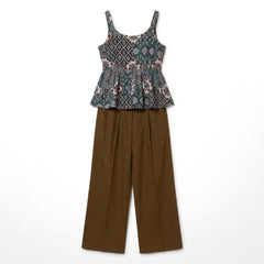 Istyle Can Green / Brown cotton cambric peplum top and wide leg trouser co-ord set - view 5