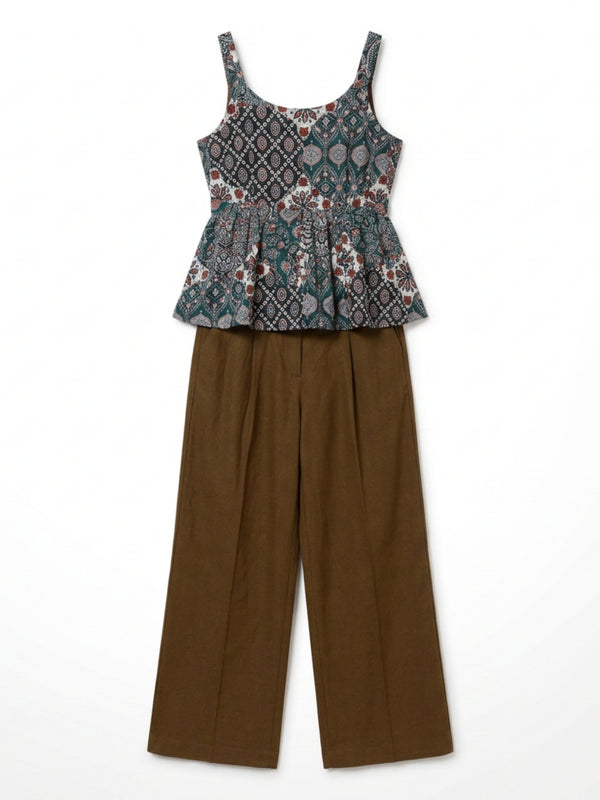 Istyle Can Green / Brown cotton cambric peplum top and wide leg trouser co-ord set - view 5