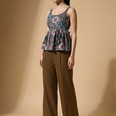 Istyle Can Green / Brown cotton cambric peplum top and wide leg trouser co-ord set - view 2