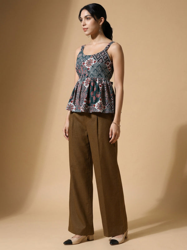 Istyle Can Green / Brown cotton cambric peplum top and wide leg trouser co-ord set - view 2