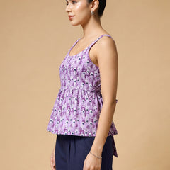 Istyle Can Purple / Navy cotton cambric peplum top and wide leg trouser co-ord set - view 3