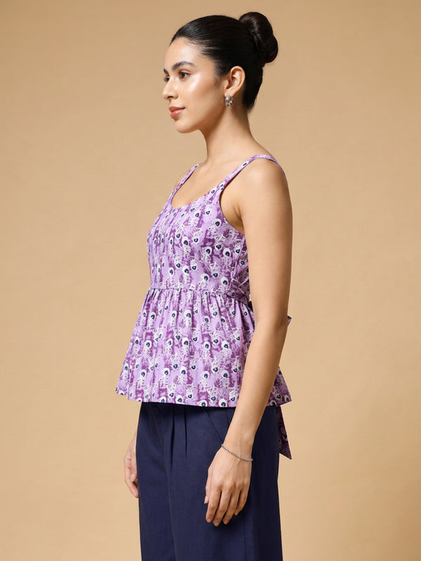 Istyle Can Purple / Navy cotton cambric peplum top and wide leg trouser co-ord set - view 3