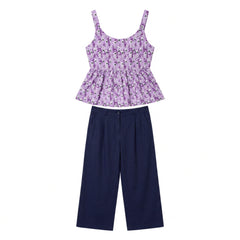 Istyle Can Purple / Navy cotton cambric peplum top and wide leg trouser co-ord set - view 12