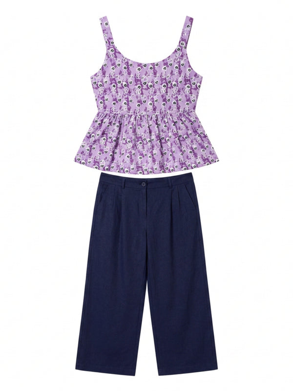 Istyle Can Purple / Navy cotton cambric peplum top and wide leg trouser co-ord set - view 12
