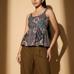 Istyle Can Green / Brown cotton cambric peplum top and wide leg trouser co-ord set - view 3