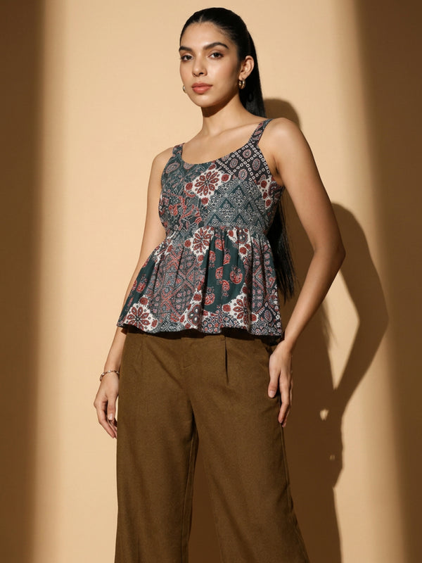 Istyle Can Green / Brown cotton cambric peplum top and wide leg trouser co-ord set - view 3