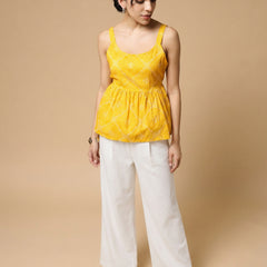 Istyle Can Yellow / Off White cotton cambric peplum top and wide leg trouser co-ord set - view 5