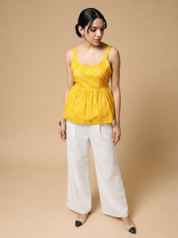 Istyle Can Yellow / Off White cotton cambric peplum top and wide leg trouser co-ord set - view 5
