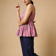 Istyle Can Peach / Navy cotton cambric peplum top and wide leg trouser co-ord set - view 8