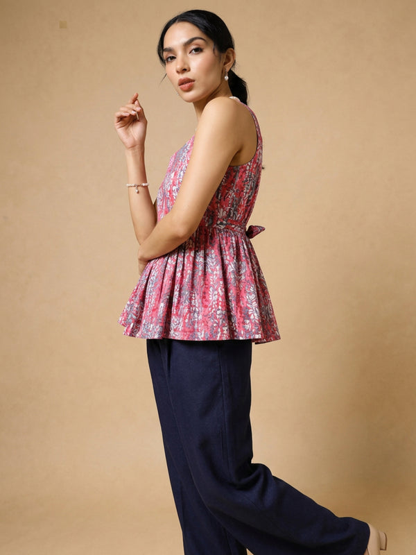 Istyle Can Peach / Navy cotton cambric peplum top and wide leg trouser co-ord set - view 8