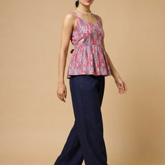 Istyle Can Peach / Navy cotton cambric peplum top and wide leg trouser co-ord set - view 9